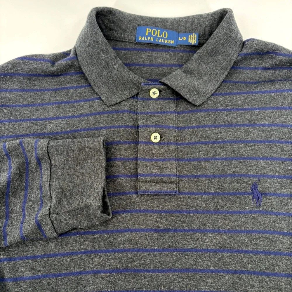 Polo Ralph Lauren Mens L‎ Rugby Long Sleeve Striped Polo Shirt Grey Blue Cotton